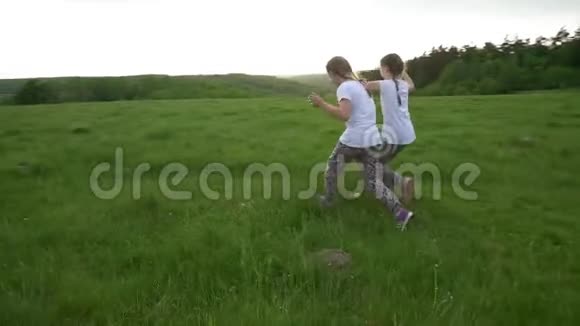 两个姐妹在草地上奔跑嬉戏视频的预览图