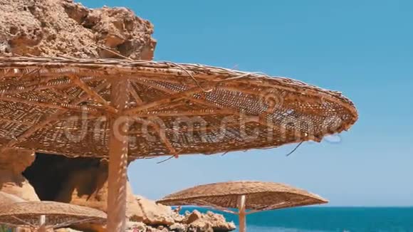 红海上埃及珊瑚滩上有岩石和石头的太阳伞视频的预览图