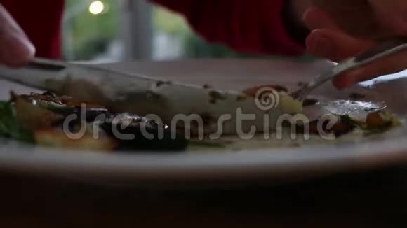 在餐馆里吃食物盘子特写猪肉配沙拉和烤土豆低角度煮视频的预览图