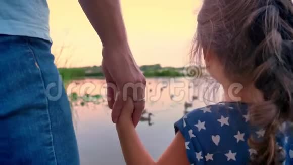 父亲和他的小女儿站在湖边看鸭子牵着她的手日落家庭观念视频的预览图