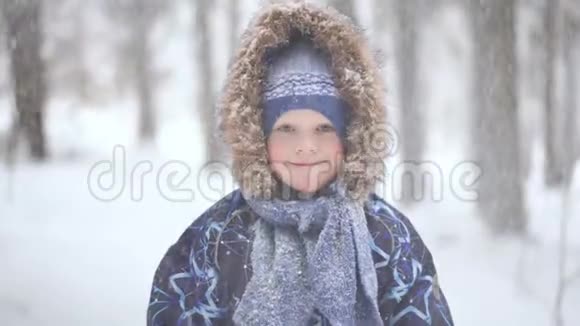 冬天森林里一个美丽的金发小男孩的肖像下雪了视频的预览图