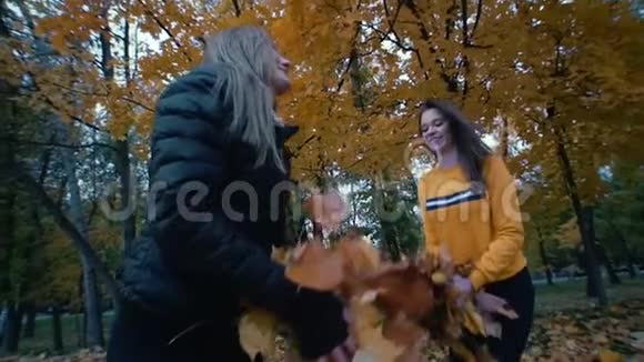 年轻的女性在公园里向空中投掷橙色叶子秋天视频的预览图
