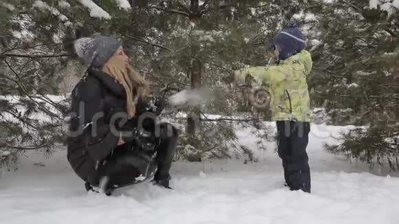 母子俩在雪地里玩耍视频的预览图