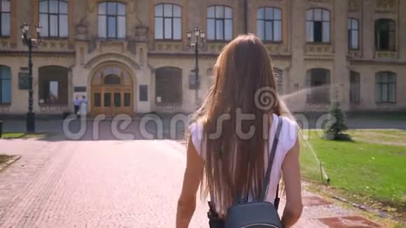 漂亮的年轻女子在夏天的白天在公园里散步转过头来在背景上立足视频的预览图