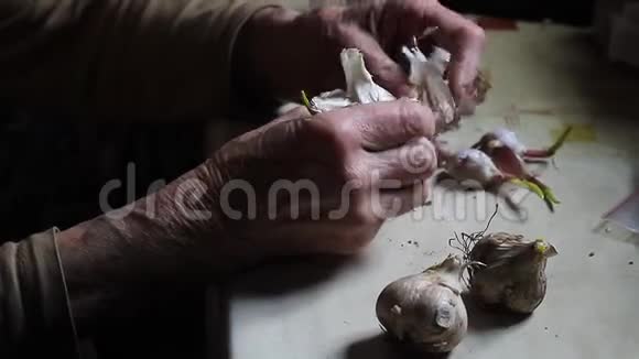 一位生病的老妇人在乡下老厨房做饭前把大蒜的头擦干净摸一摸视频的预览图