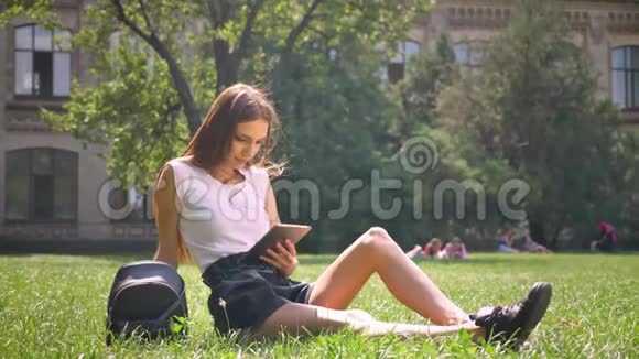 女士白天坐在公园的草地上看平板电脑放松观念交流观念视频的预览图