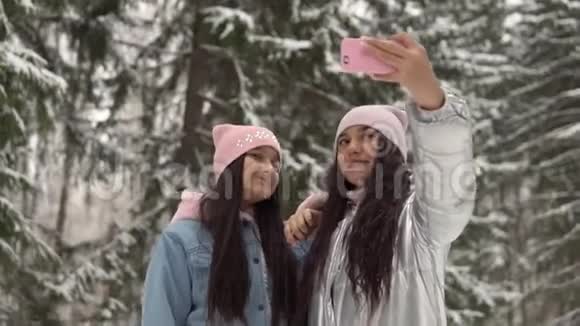 两个年轻的女朋友用智能手机在冬天森林的背景上自拍4K视频的预览图