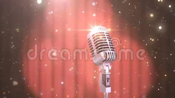 卡拉OK背景与红幕聚光灯和复古麦克风美丽的无缝循环三维动画4K视频的预览图