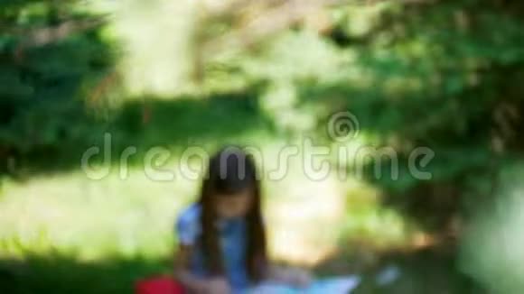 可爱的小女孩在晴天拿着玩具坐在草地上画画视频的预览图