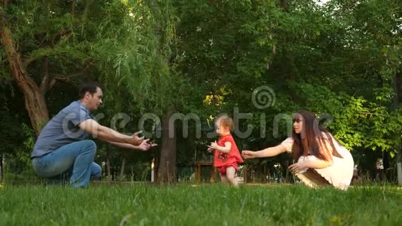 家人在夏季公园休息爸爸和妈妈被教导在公园里草地上散步小女儿视频的预览图