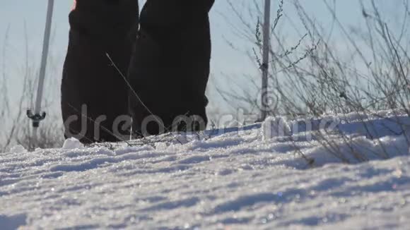 徒步旅行者在冬天寒冷的雪天徒步旅行在山脉的背景下腿沿着山脊走视频的预览图