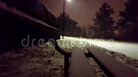 从长凳上俯瞰公园景色的雪夜视频的预览图