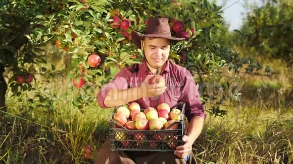 一个年轻的农夫拿着一个苹果把它照在衬衫上然后吃掉它视频的预览图