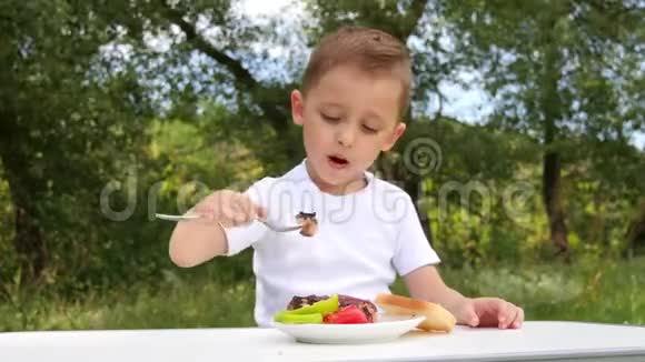 孩子坐在绿色森林的背景上吃着有食欲的烧烤户外娱乐和食物视频的预览图
