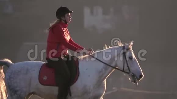 骑着一匹马穿过一片有房子的住宅区慢动作视频的预览图