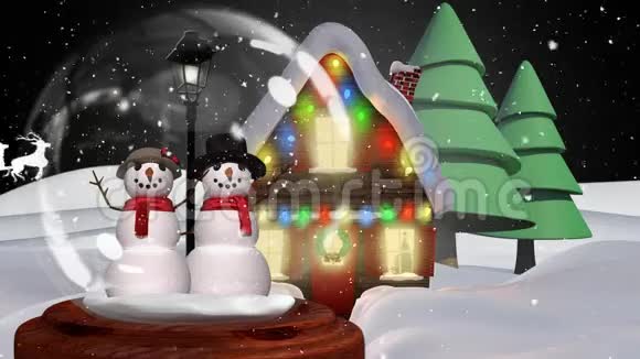 以圣诞老人雪橇为背景的雪人情侣可爱的圣诞动画视频的预览图