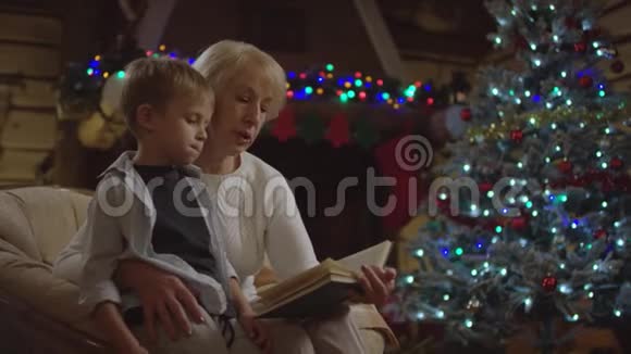 祖母在圣诞节晚上给孙子读了一本书视频的预览图