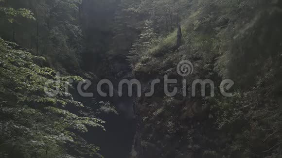 一个人站在峡谷之间两座山被绿色的植物和树木覆盖极端的情况股票视频的预览图