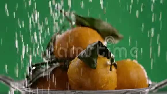 在视频中我们看到橘子它们是折叠的幻灯片水从顶部落下绿色的背景视频的预览图