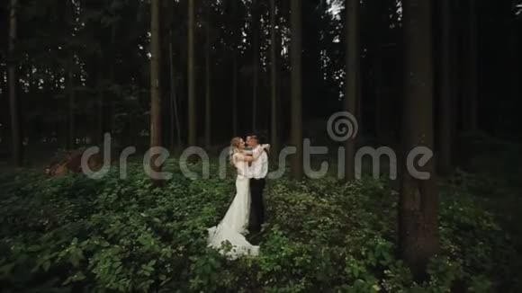 美丽而幸福的新婚夫妇站在森林里互相拥抱和亲吻视频的预览图