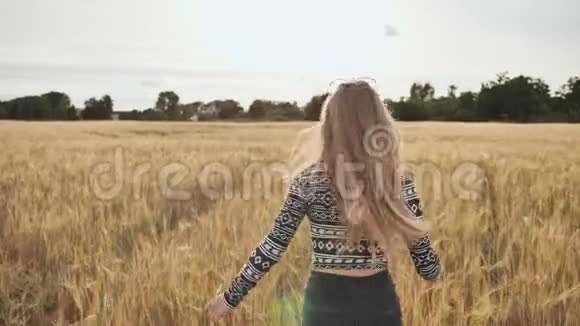 一个漂亮的金发少女穿过麦田转过身来微笑视频的预览图