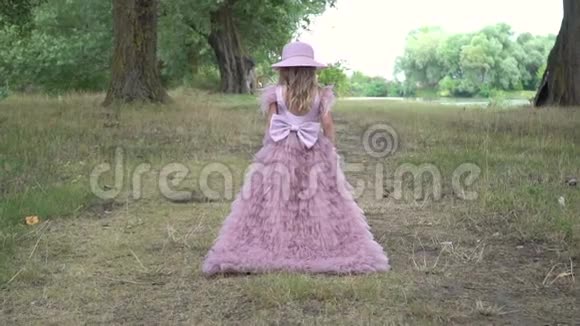 小女孩穿着漂亮的粉红色连衣裙在大自然中行走动作缓慢视频的预览图