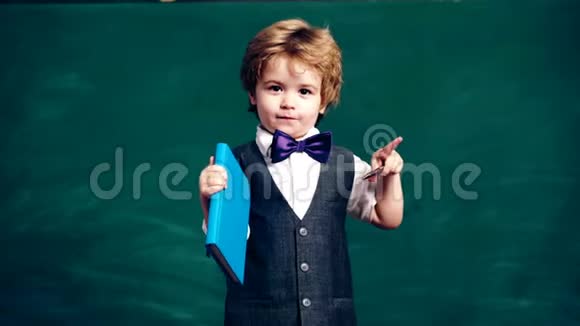 一个穿西装的男孩在绿色学校黑板的背景上拿着一本笔记本和一支铅笔学习观念学校视频的预览图