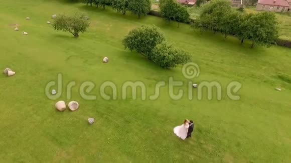 在绿色草地的背景下鸟瞰新娘和新郎格鲁吉亚视频的预览图