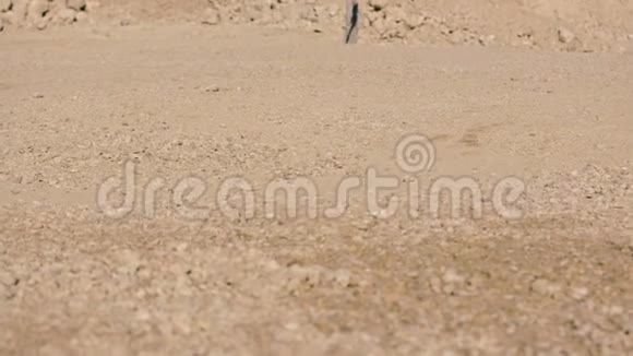 年轻女子光着脚走过沙漠在一座大山上视频的预览图