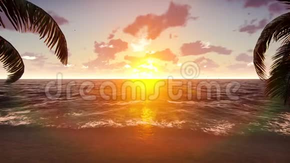 游艇在美丽的日落背景下驶过一个热带岛屿夏天的场景可循环使用视频的预览图