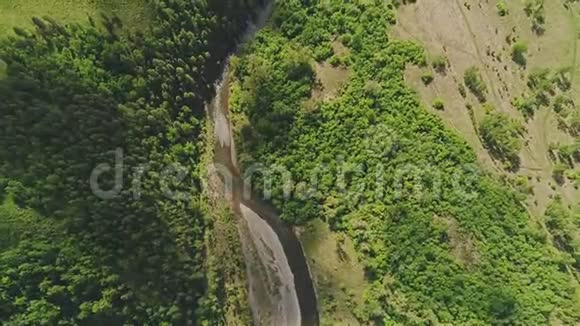 山河空中观景这条河被森林包围着严格从上到下查看视频的预览图