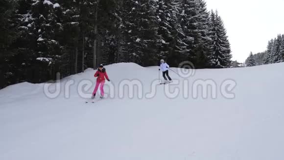 女子滑雪者在森林中的山路上一个接一个地骑着滑雪视频的预览图