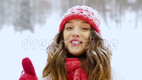冬季森林中的年轻女子视频博客视频的预览图