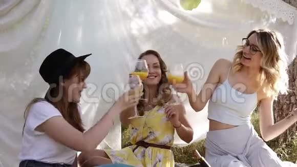 一群女孩朋友在户外野餐他们玩得很开心喝着一杯鸡尾酒母鸡党视频的预览图