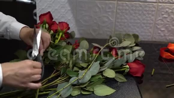 年轻女子用剪刀剪玫瑰修剪红花视频的预览图