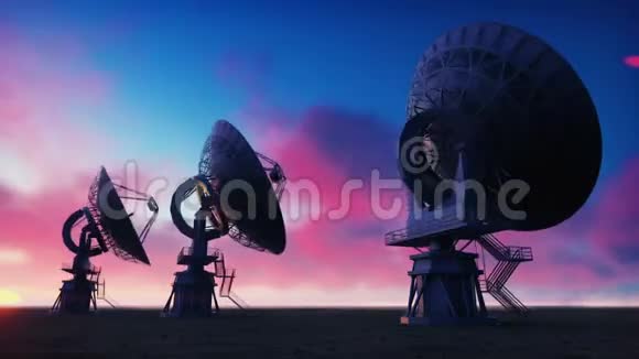 大型阵列射电望远镜日出时沙漠射电望远镜的延时循环现实动画视频的预览图