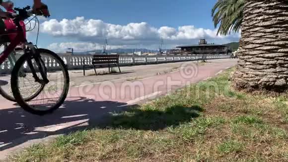 骑自行车的人沿着海滨的自行车道骑行视频的预览图