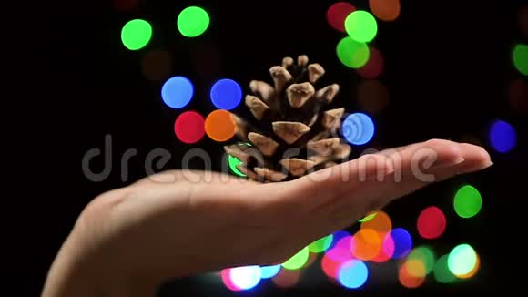一个女孩她的手拿着一个冷杉锥在波克背景下在圣诞节假期慢动作视频的预览图