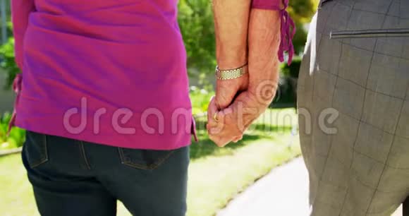 老年夫妇在养老院花园手拉手散步的中段视频的预览图