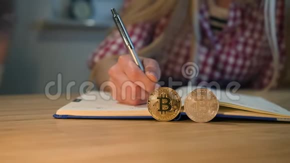 女人在笔记本上写字旁边有比特币手握闪亮金属笔的格子衬衫中女性手的侧翻图视频的预览图