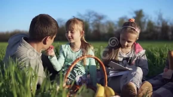 天气很好刮风父亲带着两个女儿在一片绿色的田野上野餐小女孩在喂她爸爸视频的预览图