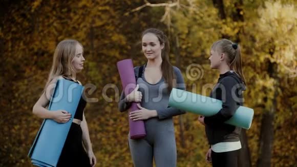 在秋季城市公园准备瑜伽练习的年轻女性小组健康生活方式概念视频的预览图
