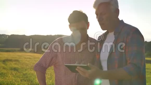 老爸爸教儿子农业拿着石碑站在麦田里日落时美丽的景色视频的预览图