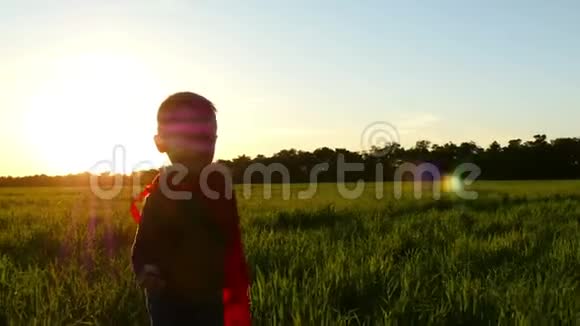 一个穿着超级英雄服装的快乐孩子穿着红色雨衣在夕阳的映衬下沿着沿着一片绿色的草坪朝视频的预览图