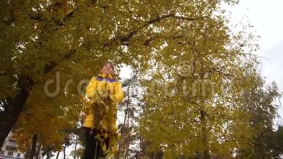 少女把黄叶向上抛去在秋天的公园里微笑慢动作视频的预览图