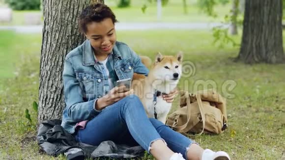 快乐的非洲裔美国妇女使用智能手机并抚摸她可爱的宠物狗在风大的夏日在城市公园休息视频的预览图