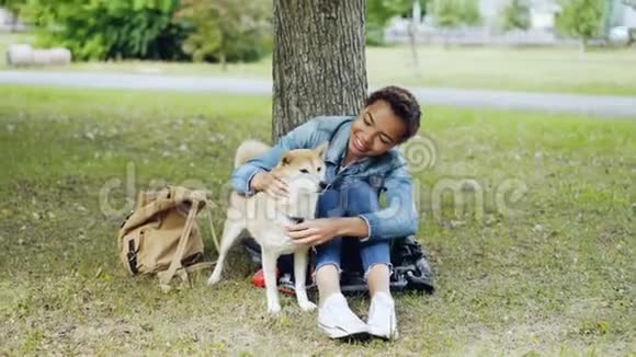 一位年轻的非洲裔美国妇女正在抚摸一只可爱的小狗它躺在公园的绿色草坪上与宠物交谈视频的预览图