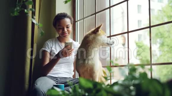 漂亮的年轻女人坐在窗台上用智能手机而她可爱的平静的石巴狗则坐在她附近视频的预览图