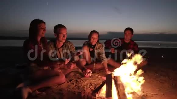和朋友在篝火附近的海滩上野餐年轻人正在用木棍烤香肠从侧面看视频的预览图