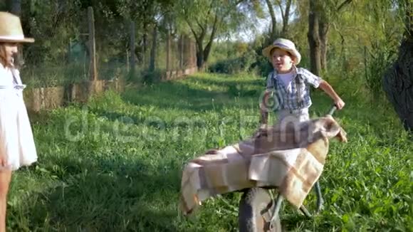 孩子们在大自然的手推车里玩得很开心小男孩和小女孩在村子里戴着草帽视频的预览图